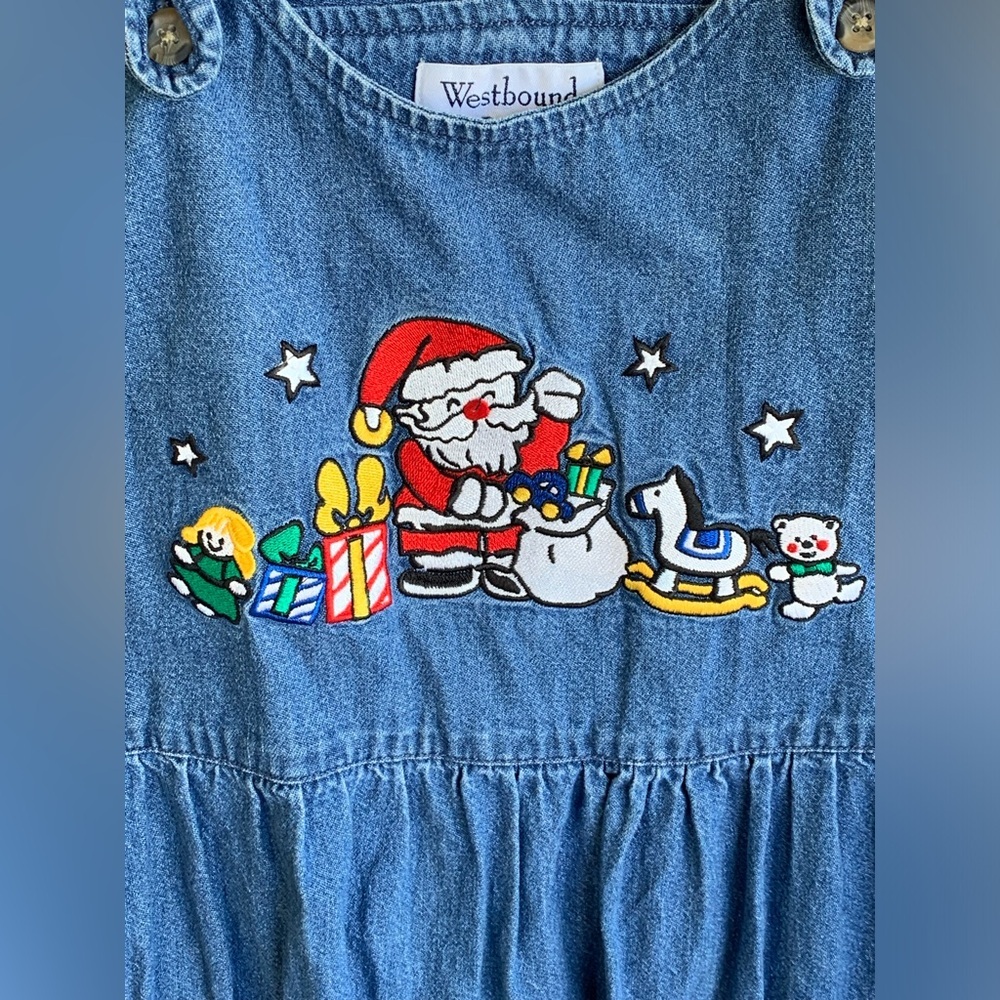 Vintage Westbound Denim Jumper Dress Front Pockets Christmas Santa Size Medium P - Picture 2 of 6